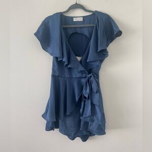 American Threads Navy Ruffled V Neck Sashed Boho Romper Women's Size M (0617)